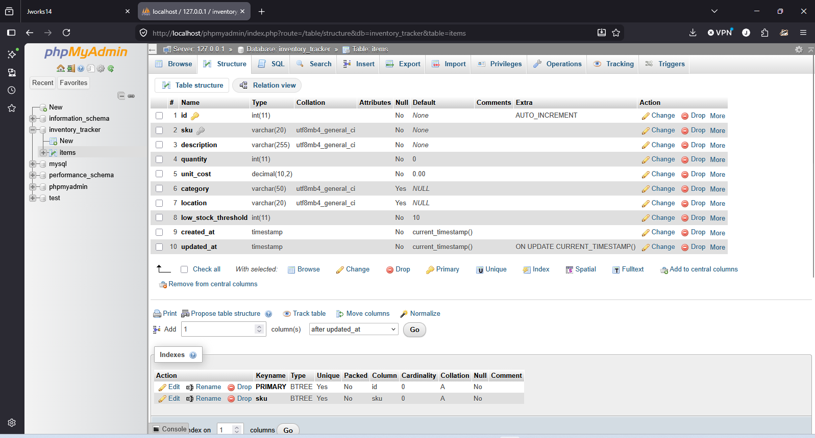 phpMyAdmin table structure for the items table, showing SKU, description, quantity, unit_cost, category, location, and low_stock_threshold columns